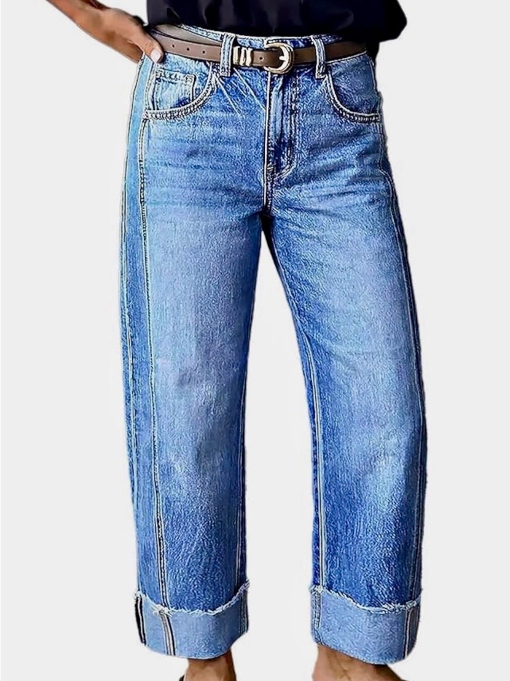 Flamingals NWR Mid-Rise Straight Wide Leg Jeans Wash Seam Front Roll Hem Size M